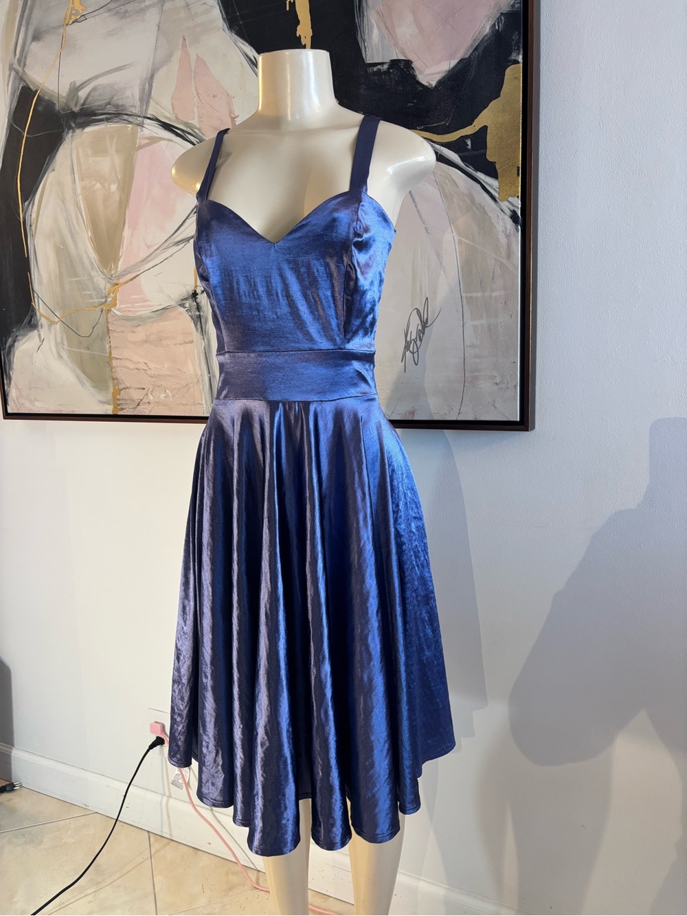 Satin Fit-and-Flare Spaghetti Strap Dress in Deep Blue